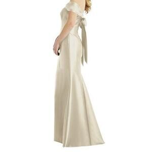 Alfred Sung Champagne Satin Twill Off Shoulder Bow Floor Dress Size 4R NWT